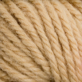 Close-up image of thick, beige yarn fibers twisted together, revealing a soft and fluffy texture. The tightly wound strands showcase their plump and cozy appearance—ideal for knitting or crocheting warm and comforting items. Perfect for rug weavers using Caledonian Dye Works' Halcyon Yarn Classic Rug Wool | Strand for that hand-dye look.