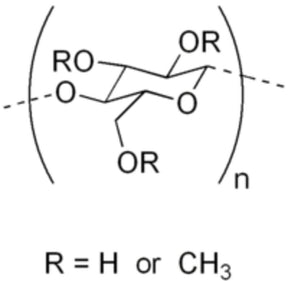 A line drawing of a chemical structure showing *Methyl Cellulose* with repeating units, represented as curved brackets around a core structure, where R can be a hydrogen atom (H) or a methyl group (CH3). The repeating units include ester and ether linkages, denoted as RO. Such polymers are crucial in the papermaking process. *(G & K Craft)*