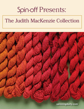 A display of yarn skeins in varying shades of red, from deep crimson to light orange-red, arranged in rows. The text above reads, "Spin-Off Presents: The Judith MacKenzie Collection: eBook Printed Copy by Long Thread Media". The website link at the bottom right corner is "spinningdaily.com".