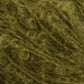 Close-up image of a textured, fuzzy yarn from Caledonian Dye Works' Victorian Bouclé Mohair Yarn collection in a greenish-brown color. The image highlights the intertwined Mohair Bouclé fibers, creating a soft and warm appearance.