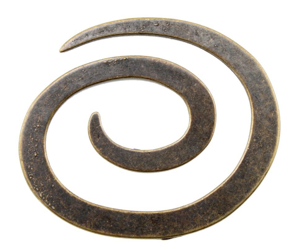 Introducing the Antiqued Metal Spiral Shawl Closure by Dill Buttons of America, Inc. This bronze ornament features a flat, sleek design with a rustic finish, curling inward from a wider outer edge to a narrow inner tip. Its slightly weathered texture gives it an antique look, making it the perfect charming closure for your shawl.