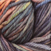 Close-up image of multicolored Malabrigo Yarn's Malabrigo Rios. The superwash fibers are tightly woven together, displaying a range of kettle-dyed colors including orange, yellow, green, blue, and purple, blending seamlessly to create a rich, textured appearance.