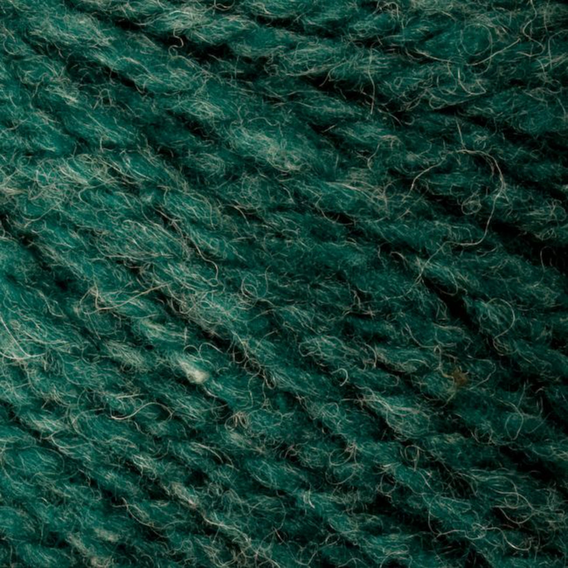 Close-up image of Bartlettyarns' Bartletts Maine Wool - Sport yarn with a slightly heathered texture, showing interwoven strands and subtle variations in color, ranging from dark green to lighter green tones. The yarn appears soft and fuzzy, with some fine fibers visible on the surface.