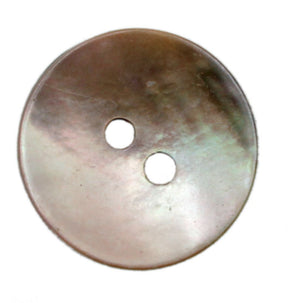 A close-up image showcases a round, glossy button with a slightly reflective surface. The button features two central holes, ideal for sewing onto fabric. Exhibiting subtle shades of brown and a slight iridescent sheen, this versatile Natural Pearl Shell Button from Dill Buttons of America, Inc hints at its natural shell origins.