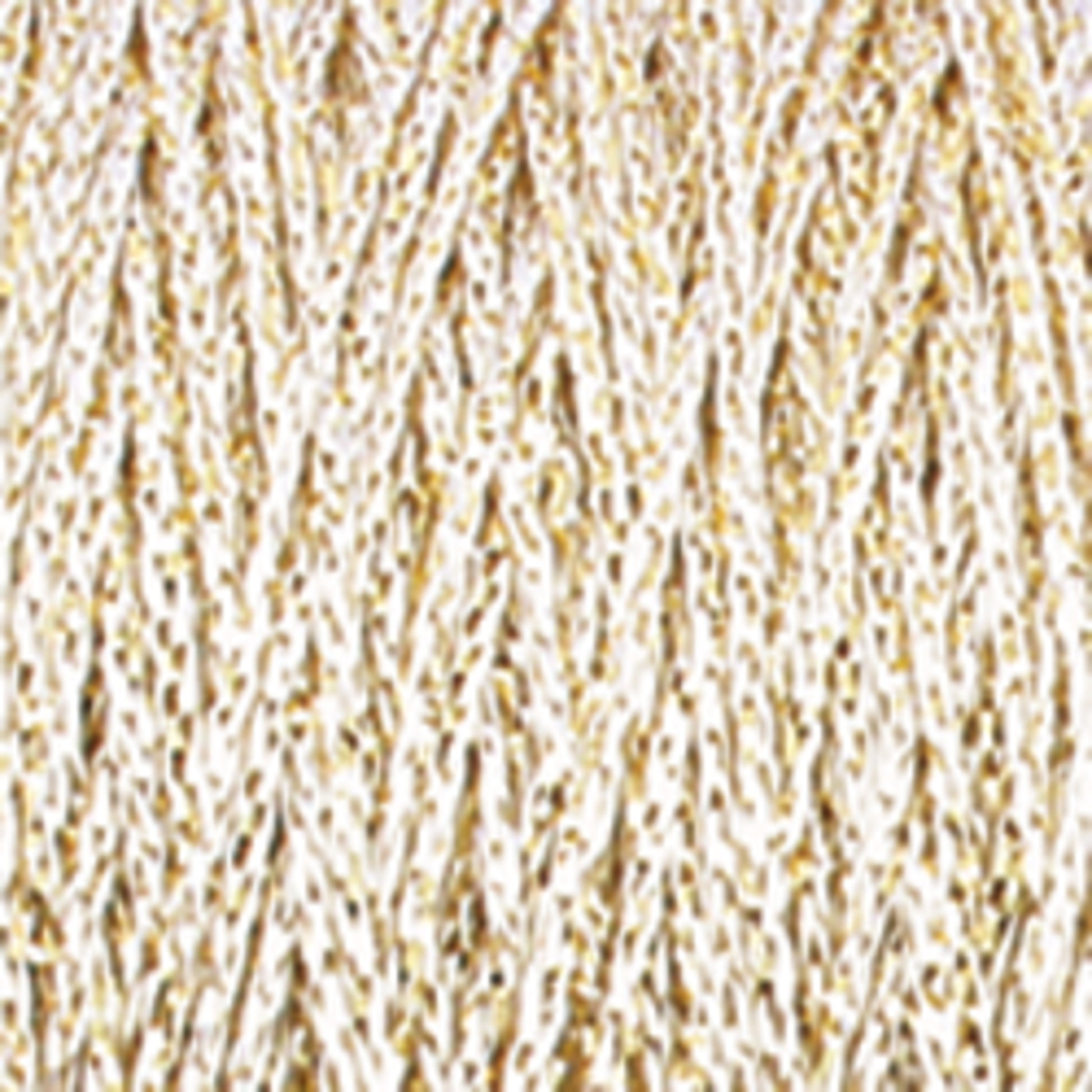 The textured surface features numerous intertwined, wavy strands reminiscent of Plymouth Yarn Co.'s Chainette Metallic Yarn in a mini-cone. Predominantly white with subtle hints of yellow interwoven, the intricate pattern resembles knitted or woven material.