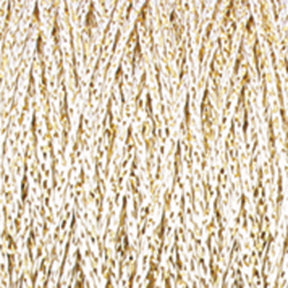 The textured surface features numerous intertwined, wavy strands reminiscent of Plymouth Yarn Co.'s Chainette Metallic Yarn in a mini-cone. Predominantly white with subtle hints of yellow interwoven, the intricate pattern resembles knitted or woven material.