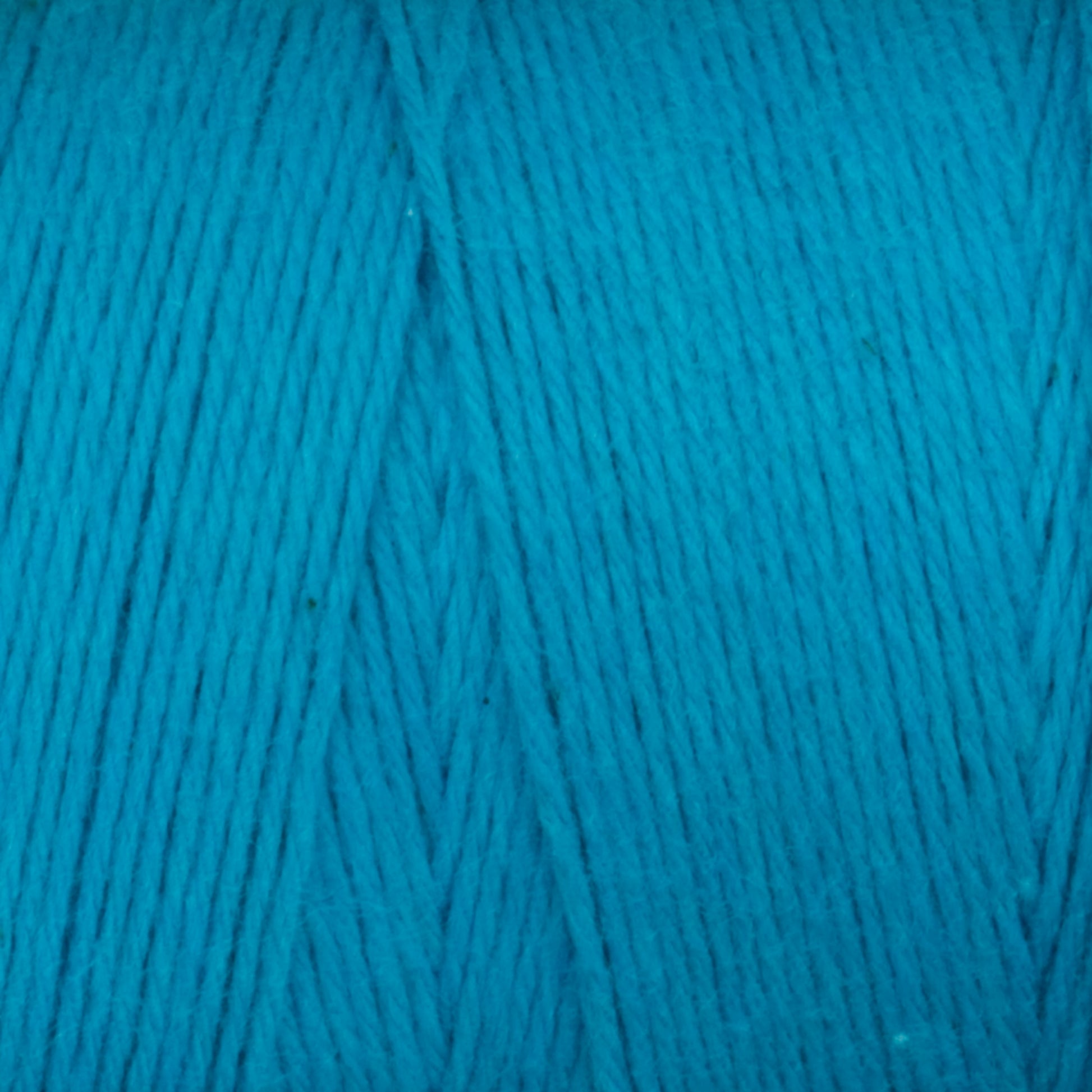 Close-up of a skein of Medium Cotton 16/8 Mop Yarn by Maurice Brassard. The yarn, made from sturdy cotton, is neatly wound, prominently showing its texture and strands. Perfect for knitting or weaving, the vibrant blue color is consistent throughout the skein.