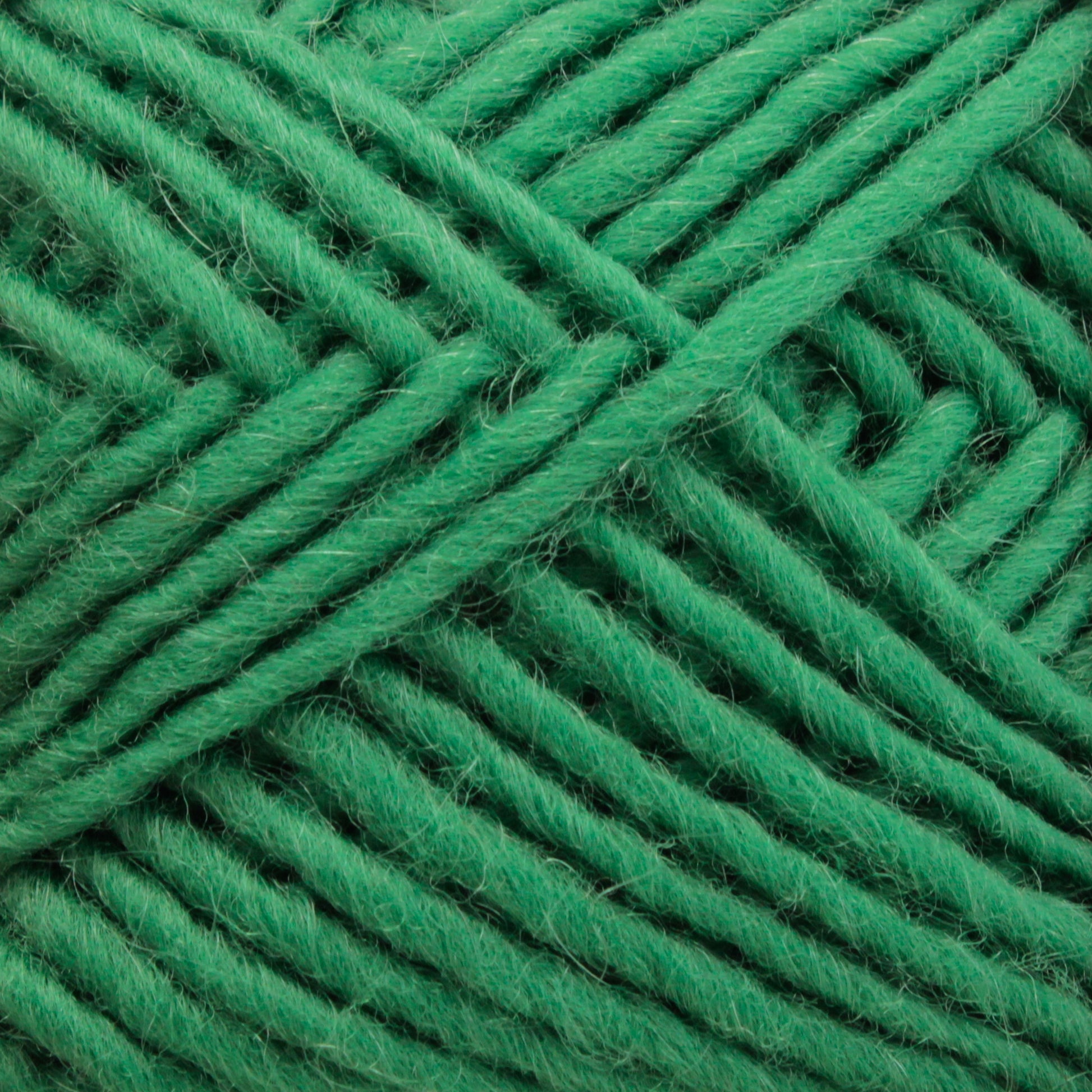 A close-up image of Brown Sheep's Lamb's Pride Worsted Yarn in green, showcasing the intricate patterns and textures created by the interwoven strands. This yarn is soft and fluffy, with slight variations in thickness that add depth to the texture—ideal for felting projects.