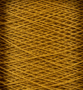 Close-up view of a mini-cone of golden yellow 10/2 Pearl Cotton Yarn by Supreme Corp., showcasing densely woven strands crisscrossing in a neat, uniform pattern. The texture of the yarn is clearly visible, highlighting its fine, smooth nature and exceptional colorfastness.
