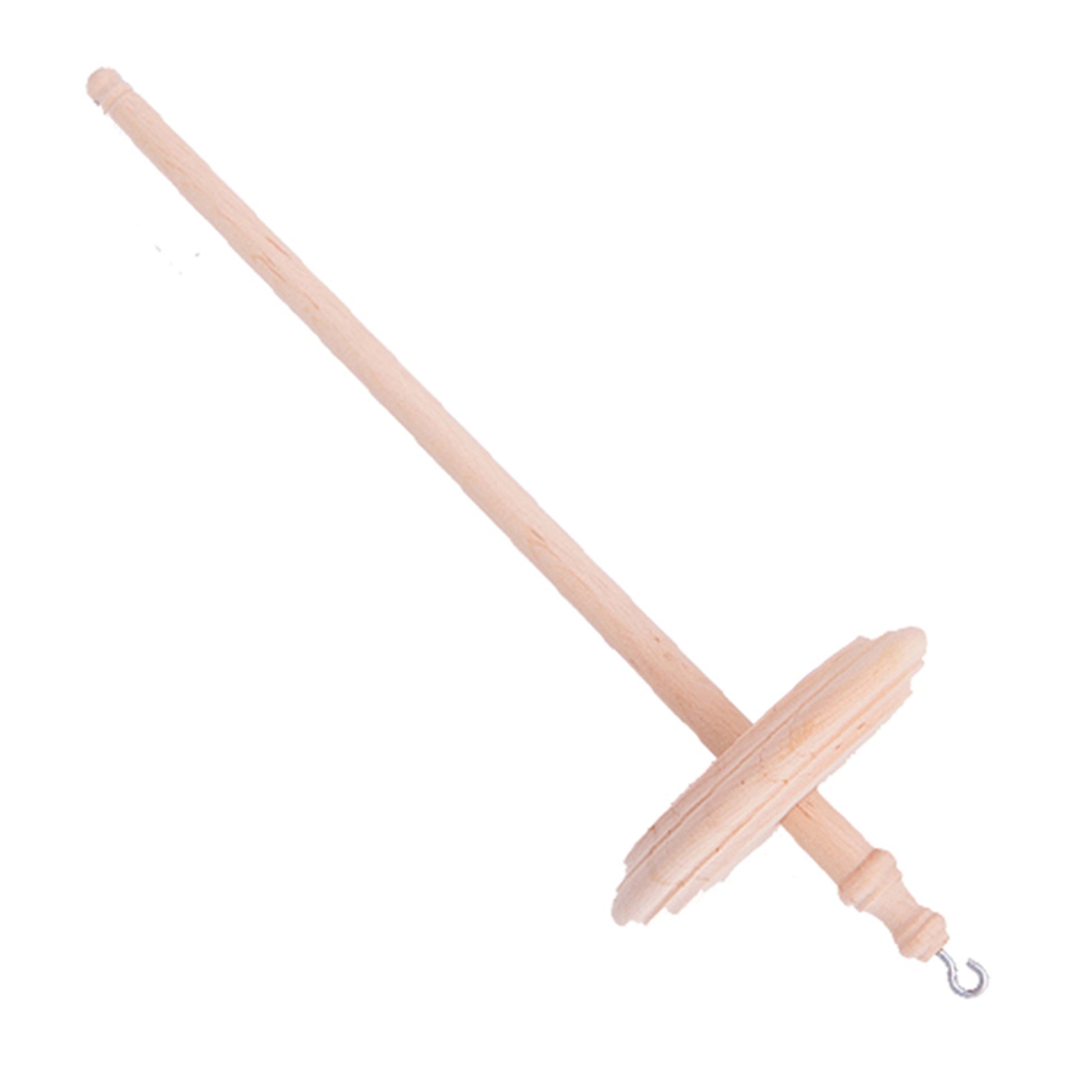 Introducing the Kromski North America Top Whorl Drop Spindle, a lightweight wooden tool designed for spinning fibers into yarn or thread. It features a long shaft with a circular whorl near the bottom and a small metal hook at the top of the shaft. The product image is set against a white background.