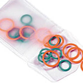 An open, transparent plastic case from Bryson Distributing, Inc. showcases their Plastic Ring Stitch Markers in various shades of orange and green. The case contains multiple rubber rings, with some markers inside the package and a few scattered outside.