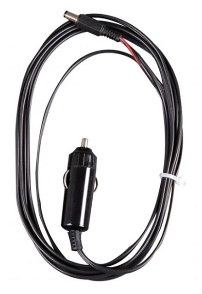 The Ashford Handicrafts Limited Ashford E-Spinner 3, 12V Cigarette Cord is a long black cable featuring a cylindrical plug with a metal tip and spring-loaded connector on one end, and a smaller connector on the other. It is perfect for car adapter use with 12V battery power and comes loosely coiled.