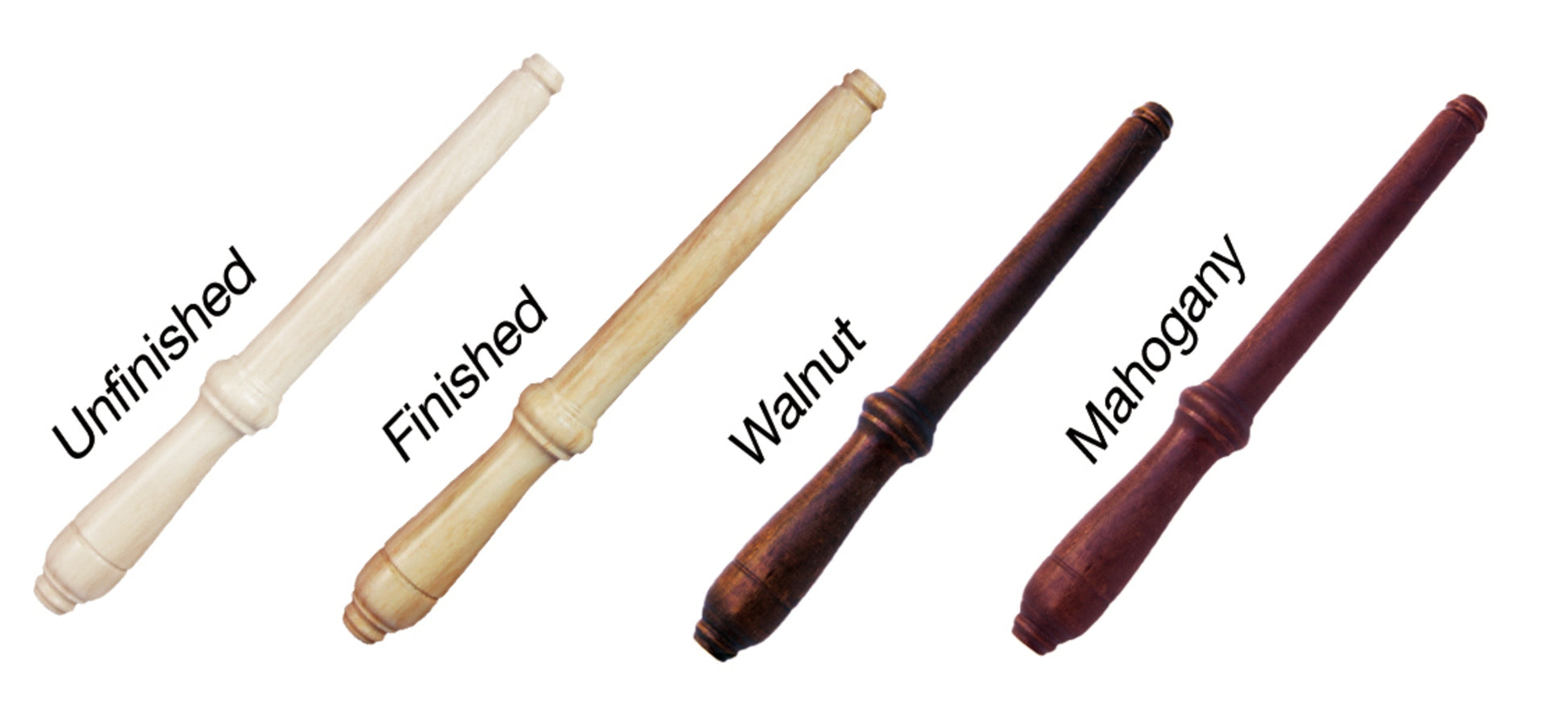 The image features four wooden drumsticks aligned side by side, each marked with a different finish. From left to right, they are labeled "Unfinished," "Finished," "Walnut," and "Mahogany," demonstrating the variety of colors and finishes available for the wood. These beautifully crafted pieces are ideal for enhancing your Kromski Nostepinne by Kromski North America, perfect for yarn management or creating center-pull balls.