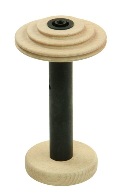 The Louët S-17 Bobbins from Louët Inc. is an unfinished wooden toy spinning top featuring a black central rod and two circular wooden discs, one on each end. The upper disc is adorned with concentric grooves, while the lower disc remains flat and ungrooved. The toy stands upright on a plain white background.