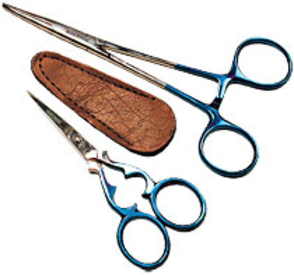 The Gripper & Scissor Set by Tool Tron Industries includes precision sharp-pointed snippers and forceps with blue handles, accompanied by a brown leather scissors sheath. These tools are specifically designed for detailed work, making them ideal for medical or crafting applications. The tools are displayed on a white background.