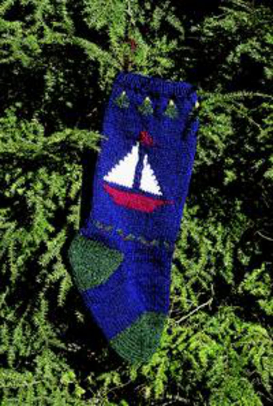 A Maine Christmas Stocking Kit by Bully Woolies, crafted from high-quality Maine spun wool, hangs gracefully from a branch of an evergreen tree. This navy blue stocking showcases a charming knitted design with a white sailboat and red hull and sail set against a blue background, accentuated by green detailing at the top and toe.