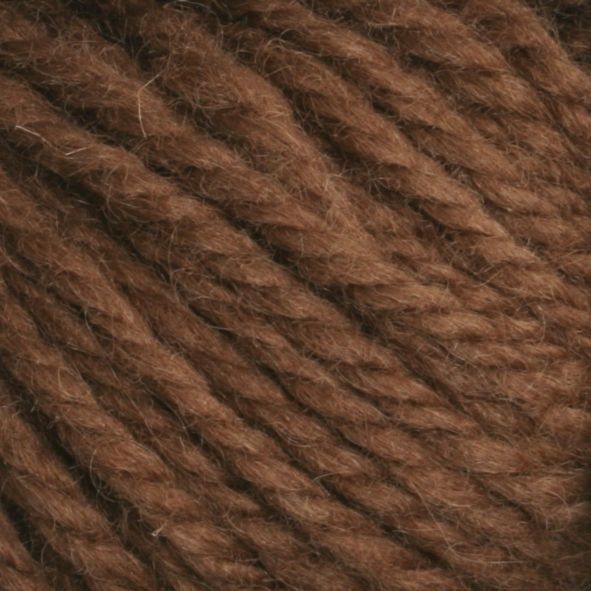 A close-up image of Halcyon Yarn Classic Rug Wool | Strand by Caledonian Dye Works reveals brown yarn strands twisted together. The texture appears soft and slightly fuzzy, showcasing the intertwined fibers that create a thick and sturdy thread suitable for knitting or crocheting—ideal for the classic rug wool traditionally used by expert rug weavers.