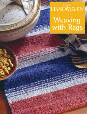 A book cover titled "Best of Handwoven, Weaving with Rags (Printed Version)" by Long Thread Media displays a woven fabric featuring red, white, and blue stripes with various patterns. In the top left corner, there is a ceramic bowl with a handled lid, and on the right side is a decorative metal object.