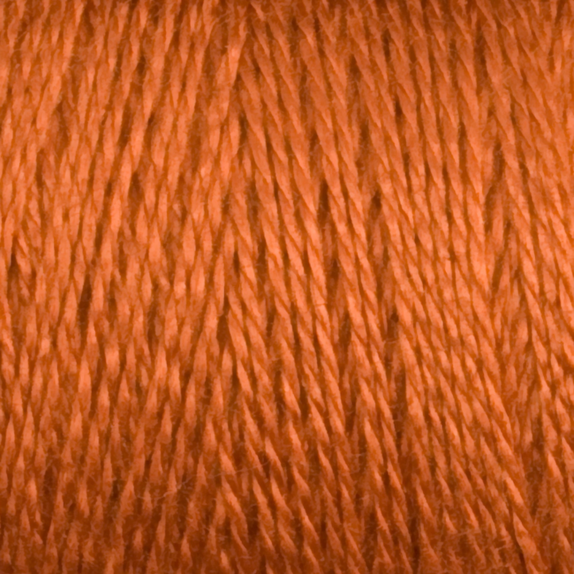 Close-up image of an earthy orange spool of 8/2 Tencel Yarn | Mini Cone by Maurice Brassard, neatly wound and showcasing the texture and sheen of the fibers. The individual strands of the thread create a subtle, repetitive pattern, perfect for knitting accessories or weaving projects.