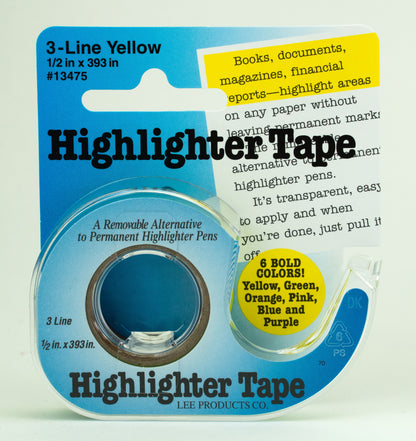 Lee Products' Highlighter Tape, featured in vibrant yellow, highlights bold product details on its packaging. Marketed as an innovative alternative to highlighter pens, this tape is offered in six diverse colors. Ideal for marking knitting charts and fiber projects, the tape measures 1/2 inch in width and extends up to 393 inches in length.