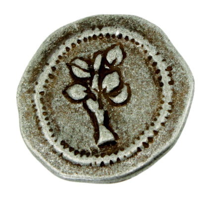 The Dill Buttons of America, Inc Antique Metal Button features a Tree of Life with several leaves in the center, bordered by small dot patterns around the edge. The button has a worn, silver-toned surface that gives it an antiqued appearance.