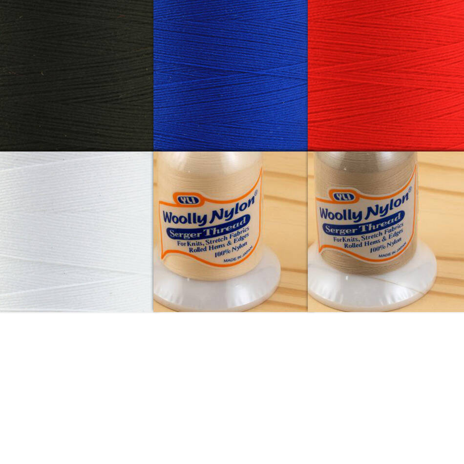 Six spools of Woolly Nylon Reinforcement Yarn from YLI Corp. are displayed, arranged in two rows. The colors in the top row are black, blue, and red, while the bottom row features white, yellow, and beige. Each spool has the label "Woolly Nylon" and "Reinforcement Yarn" visible—a perfect selection for crafting sturdy socks.