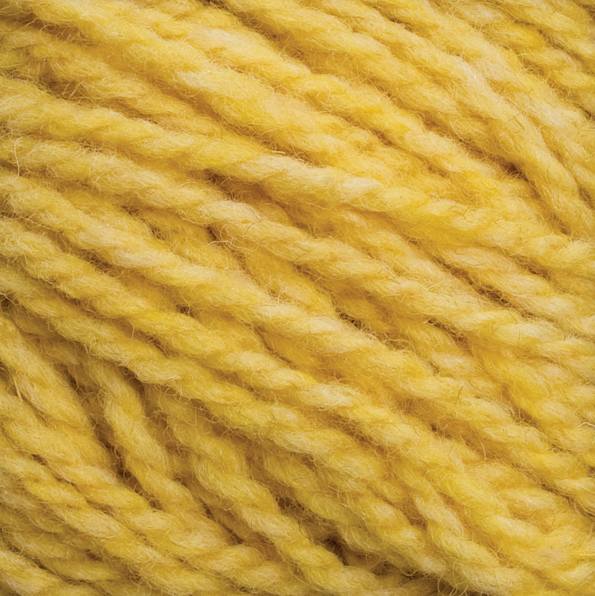 Close-up image of thick, soft yellow yarn coiled into a neat ball, showcasing its twisted strands and slightly fuzzy texture. The yarn, likely Harrisville Designs' Harrisville Shetland Yarn - Unwashed Cones, appears to be wool or a similar material perfect for Fair Isle knitting designs.