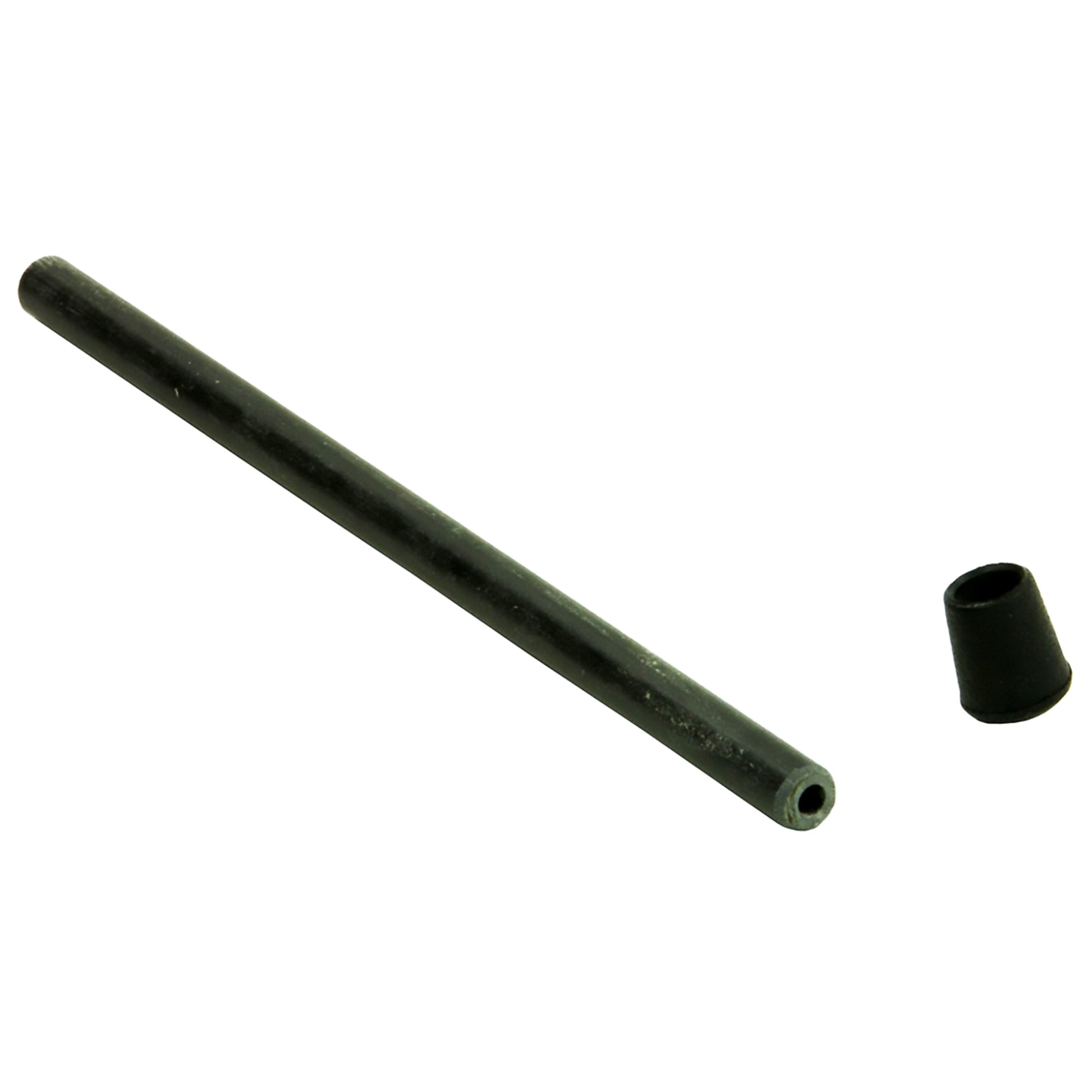 An image of the Louët Lazy Kate - Third rod for lazy kate S95/S96, a black cylindrical tube, and its small conical-shaped cap, both placed on a white surface. Designed by Louët Inc., this essential tool for specialized equipment is positioned horizontally with the cap to its right.