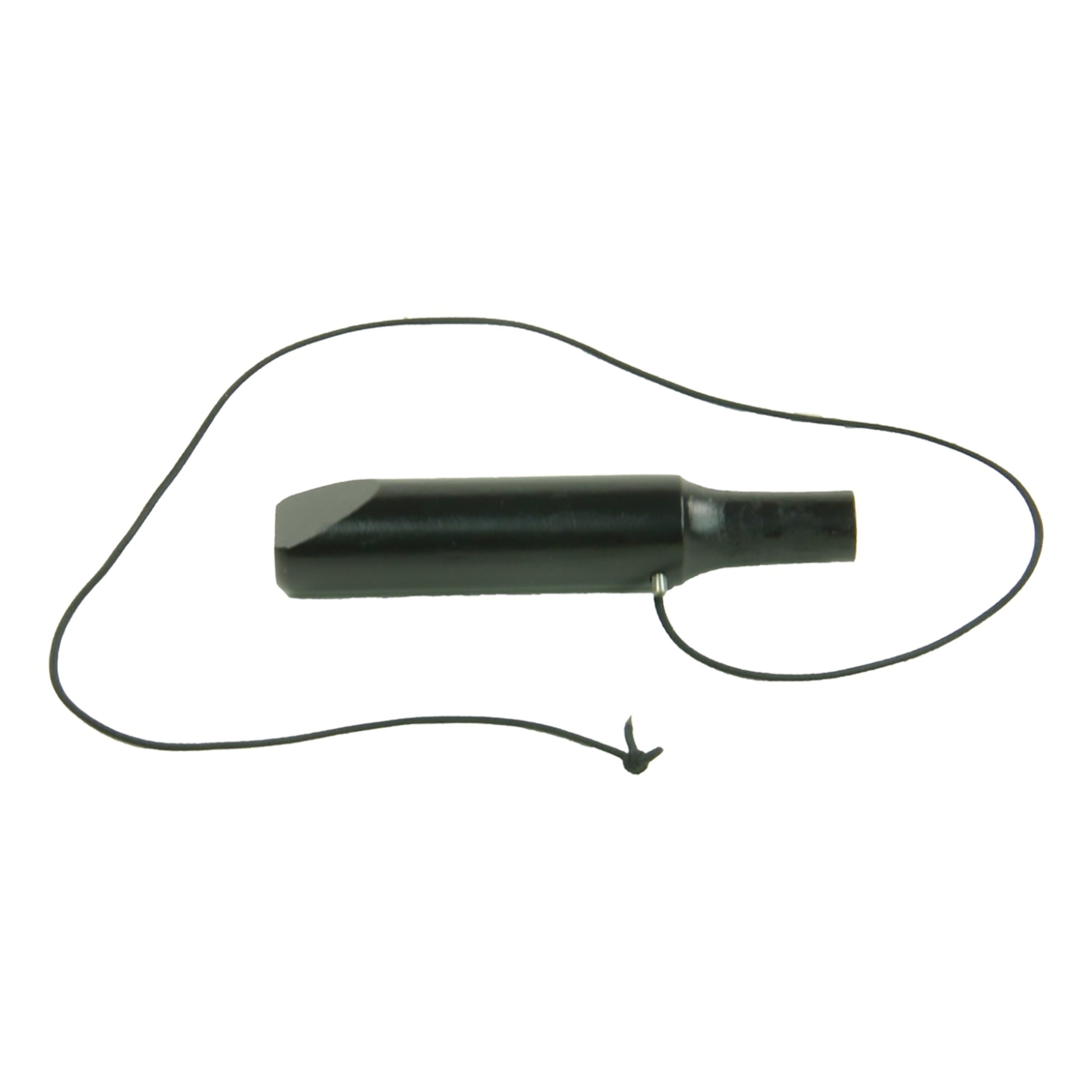 A black cylindrical dog training whistle with a thin black lanyard attached to it, boasting a simple, smooth design without any visible markings or text. Similar to the functional efficiency of the Louët S11/S95/S96 brake cord and parts by Louët Inc., the lanyard is loosely coiled around the whistle.