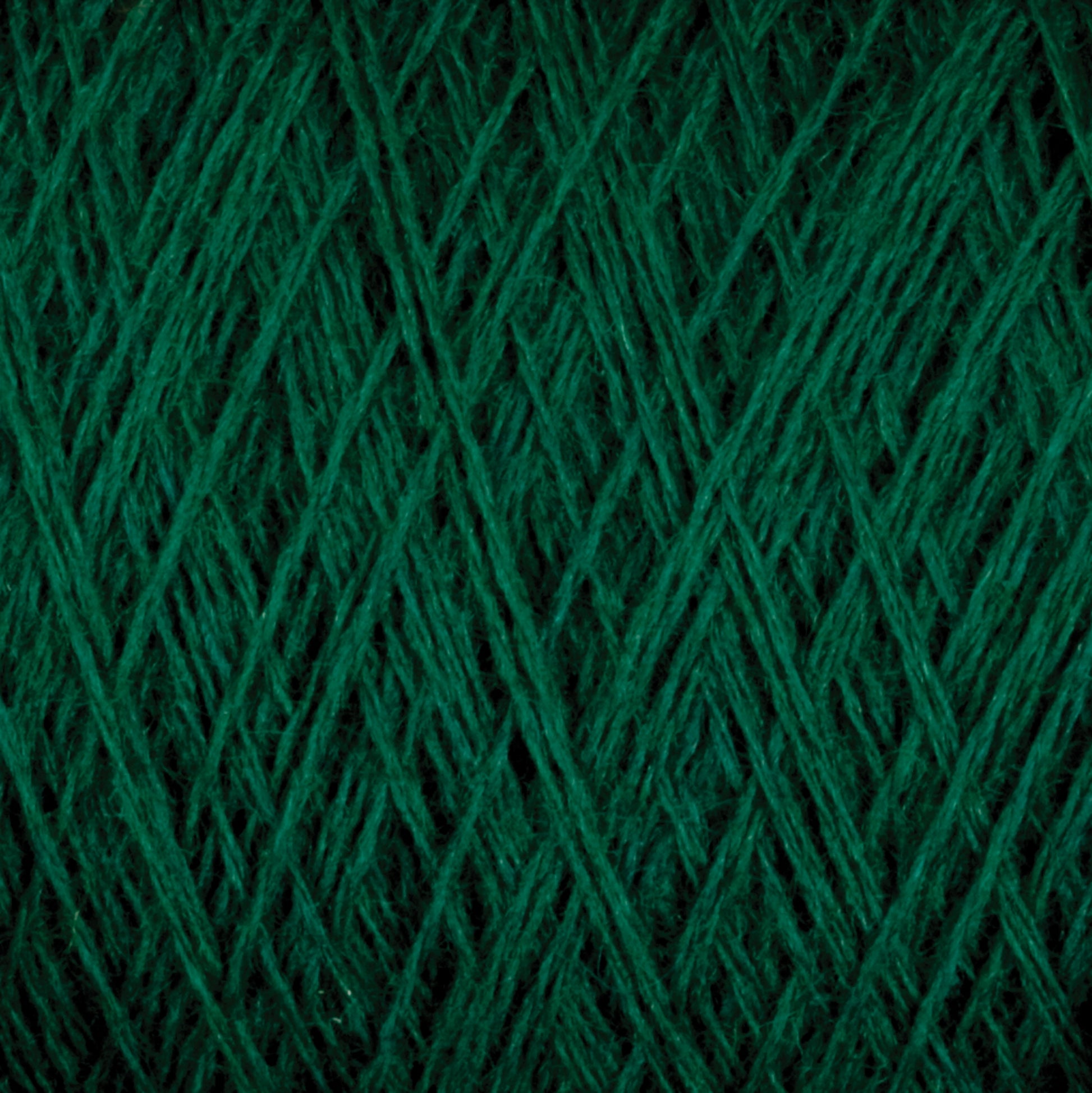 Close-up view of JaggerSpun Maine Line 3/8 Yarn in green, featuring a dense and textured pattern of intertwined fibers. The threads form a crisscross arrangement, highlighting the intricate and detailed nature of the worsted spun yarns' structure by Jagger Brothers, Inc.