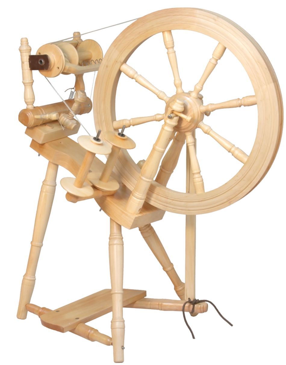 The Kromski North America Prelude Spinning Wheel is a wooden spinning wheel with a large wheel on the right side, crafted from European alder and birch. It features a foot pedal at the base and various spindles and mechanisms on the left side. This traditional single drive spinning wheel is designed for spinning fibers into thread or yarn, showcasing exceptional craftsmanship.