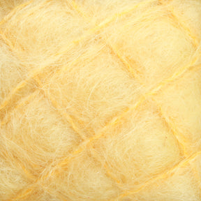 Close-up image of soft, yellow, fuzzy fibers intersecting to form a grid-like pattern. The texture appears to be luxurious Caledonian Dye Works Victorian Brushed Mohair Yarn | Mini Skein. The overall effect is a warm, cozy appearance with a slightly tangled yet organized structure reminiscent of Victorian yarns.