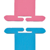 The Intarsia Bobbin Set by Bryson Distributing, Inc. includes two flat plastic thread organizers, similar to plastic bobbins. These rectangular organizers feature rounded corners and multiple notched edges to secure loose threads, with one in pink and the other in blue. The pink organizer is positioned above the blue one.