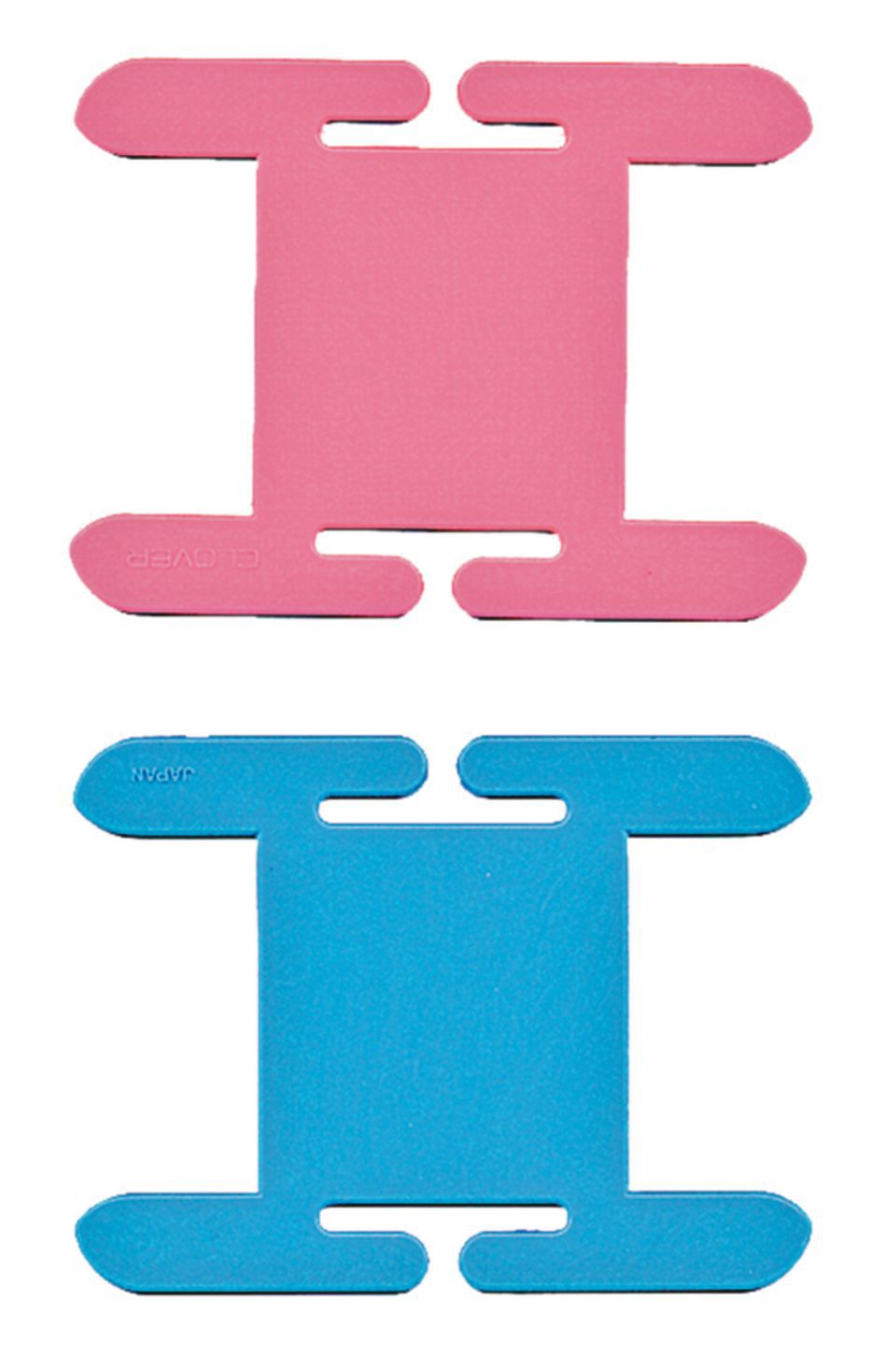 The Intarsia Bobbin Set by Bryson Distributing, Inc. includes two flat plastic thread organizers, similar to plastic bobbins. These rectangular organizers feature rounded corners and multiple notched edges to secure loose threads, with one in pink and the other in blue. The pink organizer is positioned above the blue one.