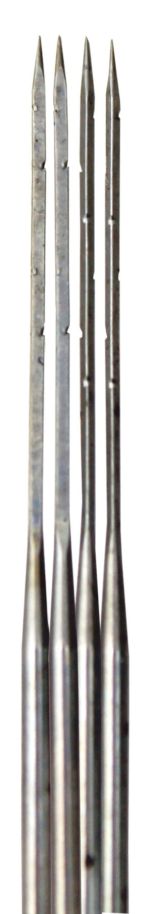 Close-up view of four Felting Needles by Between and Etc., aligned side by side. Each needle tapers to a sharp point and features fin-like ridges along its length for efficient material engagement. The needles exhibit a polished, metallic surface and vary slightly in shape and size.