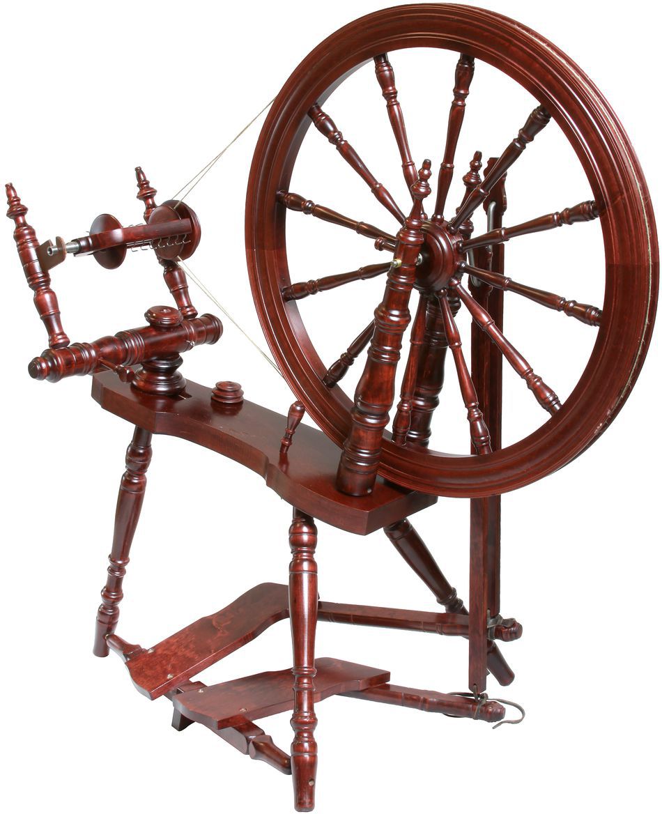 The Kromski Symphony Spinning Wheel by Kromski North America is a Saxony-style wooden spinning wheel featuring a large circular wheel with multiple spokes and a foot pedal. It is designed for spinning fibers into yarn and boasts a rich, polished finish that highlights its sturdy craftsmanship and classic design.