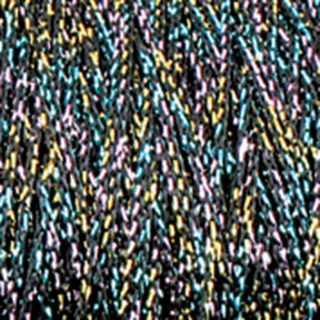 A close-up image showcasing vibrant chainette strands intertwined with multi-colored, metallic threads from Plymouth Yarn Co.'s Chainette Metallic Yarn | Large Cone. The yarn shimmers with hues of yellow, blue, pink, and silver, creating a dynamic pattern. The intricate texture highlights the exquisite beauty in materials ideal for knit and crochet projects.