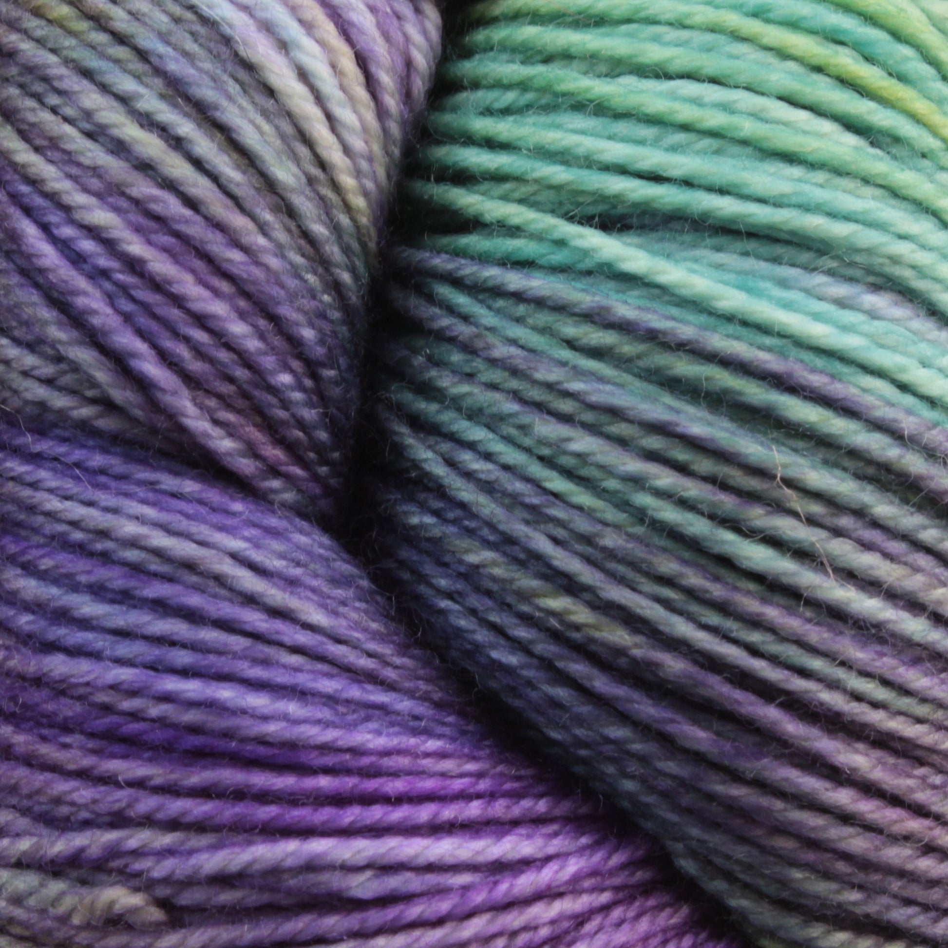 Close-up of colorful Malabrigo Sock yarn by Malabrigo Yarn showcasing a gradient blend of purple, blue, and green hues. The fibers appear soft and tightly spun, highlighting the texture and subtle variations in the kettle dyed multicolors.