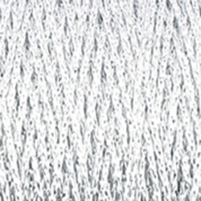 Close-up of a textured white fabric featuring an intricate woven pattern. The soft material, potentially crafted with the Chainette Metallic Yarn from Plymouth Yarn Co., showcases visible interlaced strands that create a detailed and delicate design. This fabric may be the result of knit and crochet techniques, adding to its charming intricacy.