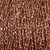 Close-up image of Plymouth Yarn Co.'s Chainette Metallic Yarn from a large cone, showcasing textured, shiny copper-colored metallic threads interwoven tightly together. This yarn creates a sparkling and reflective surface with an intricate and shimmering appearance that is reminiscent of fine knit and crochet work.