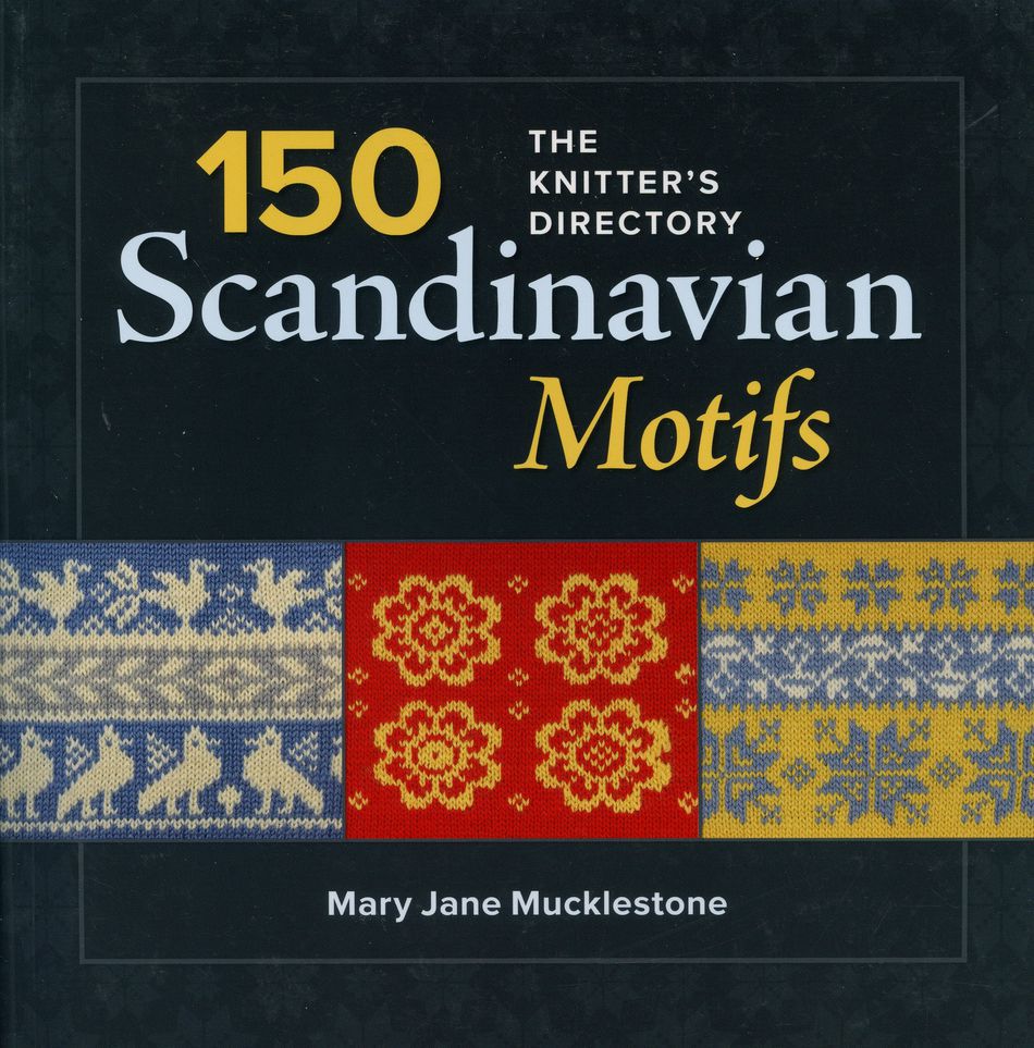 Cover of "150 Scandinavian Motifs: The Knitter's Directory" by Ingram Content. The design includes three horizontal knitted patterns featuring reindeer on blue, floral motifs on red, and snowflakes on yellow. Ideal for lovers of Nordic knitting motifs, the title text is white and yellow on a dark background.