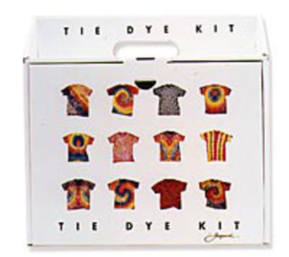 A white box labeled "Tie Dye Kit" by Jacquard Products with a handle on top. The front showcases images of twelve vibrant tie-dyed T’s, each featuring unique circular and spiral designs. The colorful T-shirts, including shades of red, orange, yellow, and blue, are perfect for transforming your 100% cotton t-shirt into a masterpiece.