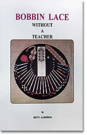 The cover of "Bobbin Lace Without A Teacher" by SnowGoose showcases the title in striking red and black text above a circular image depicting a bobbin lace-making setup, complete with bobbins, lace threads, and a partially completed lace pattern on a pillow—perfect for beginners in lace-making.