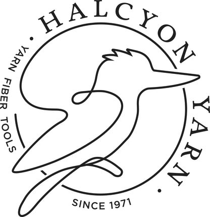 A minimalist logo showcases an abstract line drawing of a bird within a circular frame. The text "HALCYON YARN" wraps around the top and right side, while "YARN FIBER TOOLS" is displayed on the left. At the bottom of the circle, "Since 1971" is inscribed, evoking timeless craftsmanship like our Fiber Starter - spinning sample pack from Halcyon Yarn.