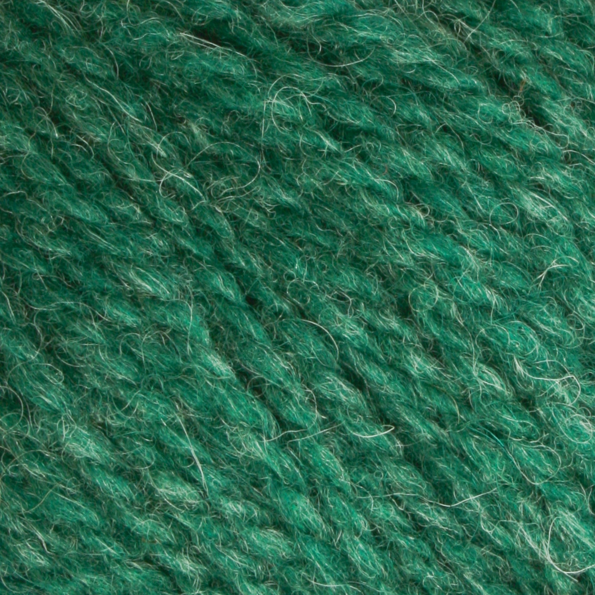 Close-up of Bartlettyarns Maine Wool Yarn by Bartlettyarns, showcasing its fibrous texture with intricate strands and a soft, fuzzy surface. The yarn exhibits a slightly variegated appearance, featuring heathered shades of green interwoven with lighter fibers.