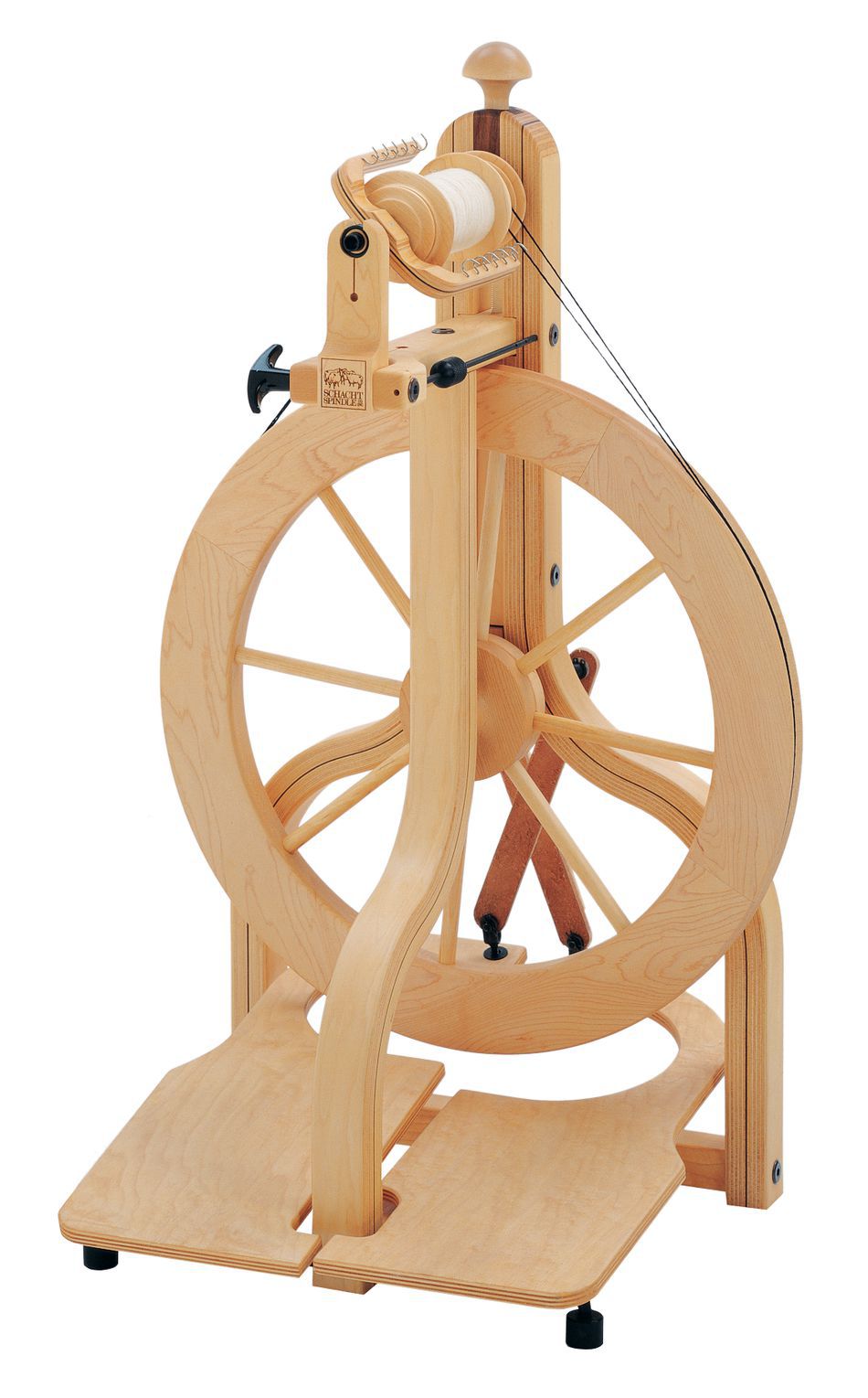 An image of a Schacht Matchless Spinning Wheel Double Treadle by Schacht Spindle Co., designed for spinning fibers into yarn. The wheel features a large circular frame, double treadle foot pedals at the base, and a vertical structure supporting the spinning mechanism with a bobbin positioned above. The craftsmanship is intricate, incorporating scotch tension for precise fine-tuning.