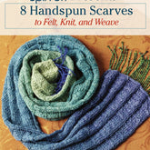 A promotional image for "Long Thread Media's Spin-Off Presents: 8 Handspun Scarves to Felt, Knit, and Weave: eBook Printed Copy," featuring several colorful, textured scarves in blue, green, and purple, artfully arranged on an orange patterned surface. The URL "spinningdaily.com" is visible at the bottom right.