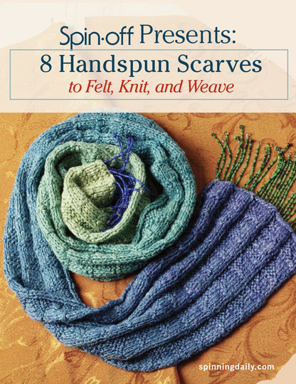 A promotional image for "Long Thread Media's Spin-Off Presents: 8 Handspun Scarves to Felt, Knit, and Weave: eBook Printed Copy," featuring several colorful, textured scarves in blue, green, and purple, artfully arranged on an orange patterned surface. The URL "spinningdaily.com" is visible at the bottom right.