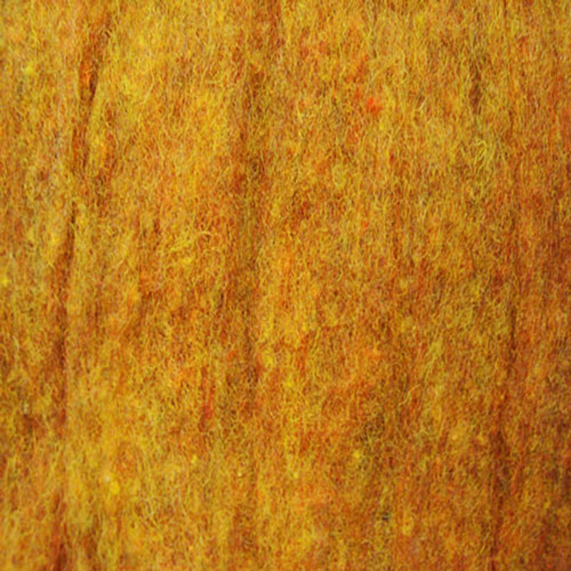 Close-up texture of a yellow-orange surface with a slightly rough and fibrous appearance. The surface has a mix of thin, intertwining fibers typical of Harrisville Dyed & Carded Wool Fiber by Harrisville Designs, with heathered colors adding variations that give it a textured and somewhat uneven look.