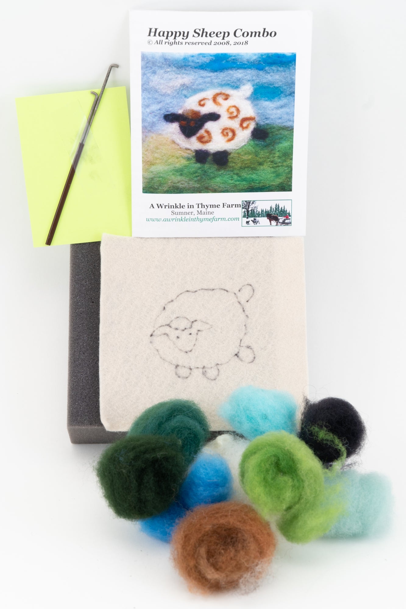 A great needle felting kit for beginner felters is the Thyme Tile Felting Kit (tools included) by A Wrinkle in Thyme Farm, featuring a "Happy Sheep Combo" design. The kit includes various colors of wool roving, a felting needle, a foam pad, and a green sticky note. Additionally, it comes with a guide that showcases an illustrated sheep and a sketched sheep outline on white felt.